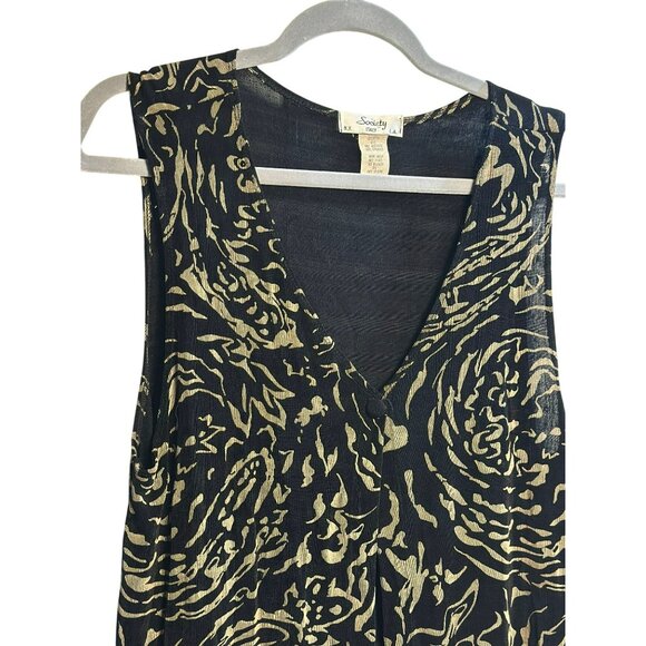 Vintage Society Sleeveless Top – Black & Tan Abstract Print Split-Front Blouse - Picture 4 of 8